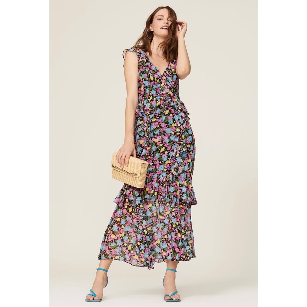AMUR Evita Silk Multicolor Floral Print Chiffon Ruffled V-Neck Maxi Dress Sz‎ 14